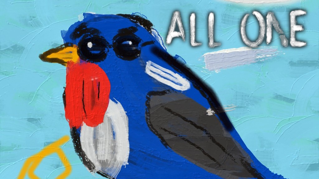 A blue bird painted for All One, with ALL ONE written across the sky